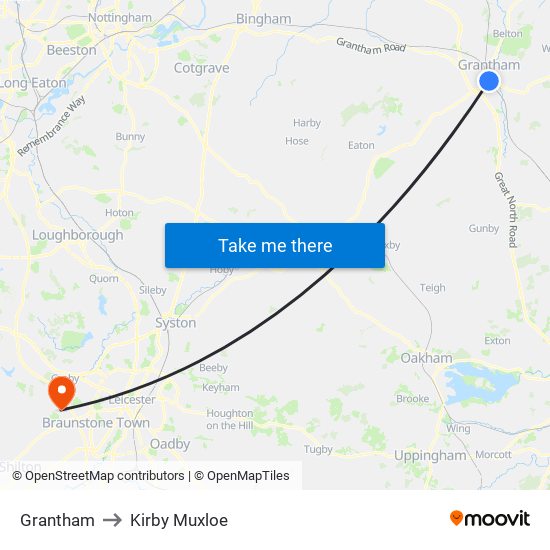 Grantham to Kirby Muxloe map