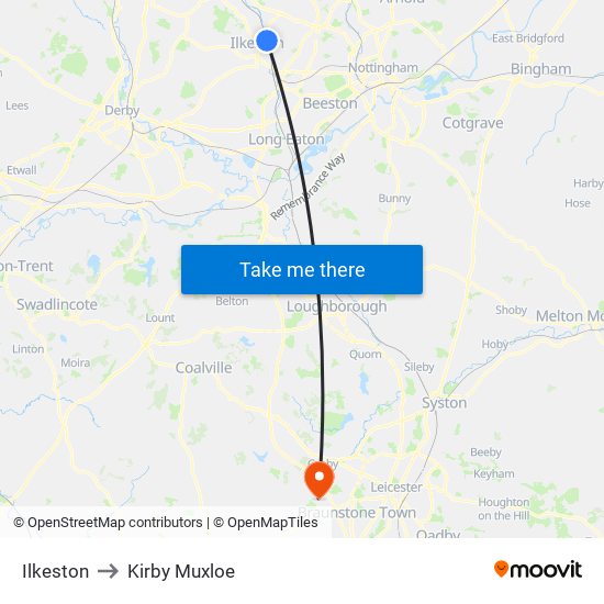 Ilkeston to Kirby Muxloe map