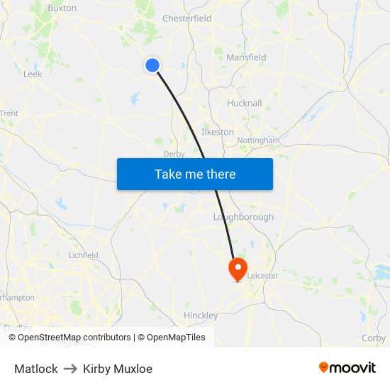 Matlock to Kirby Muxloe map