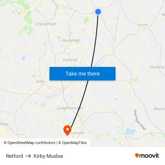 Retford to Kirby Muxloe map