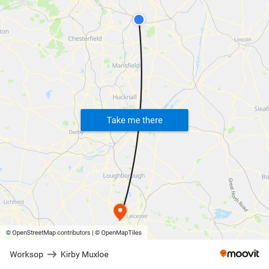 Worksop to Kirby Muxloe map