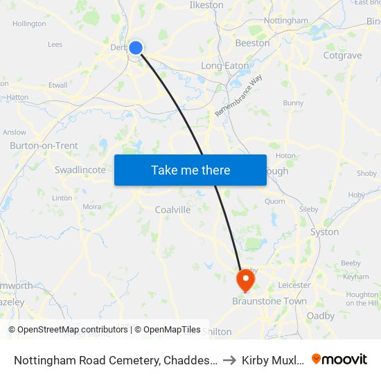 Nottingham Road Cemetery, Chaddesden to Kirby Muxloe map