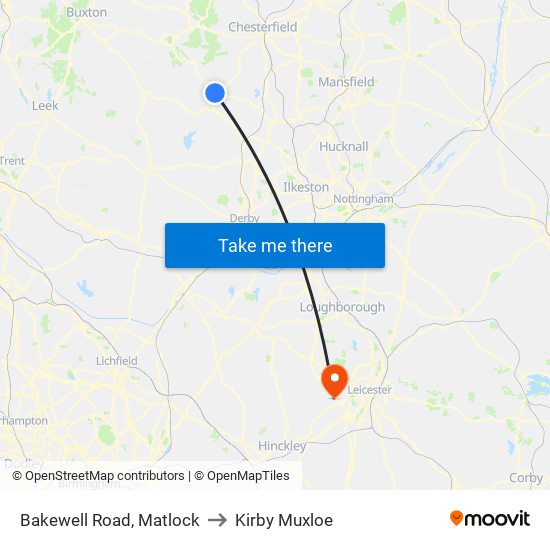 Bakewell Road, Matlock to Kirby Muxloe map