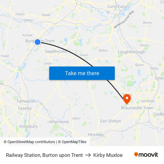 Railway Station, Burton upon Trent to Kirby Muxloe map