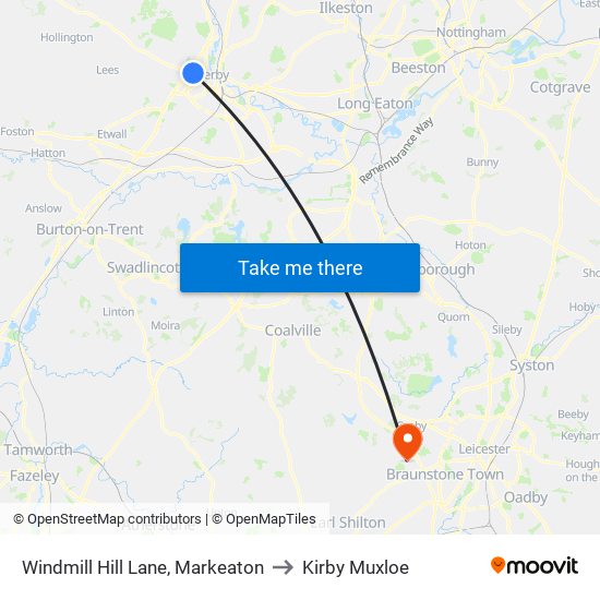 Windmill Hill Lane, Markeaton to Kirby Muxloe map