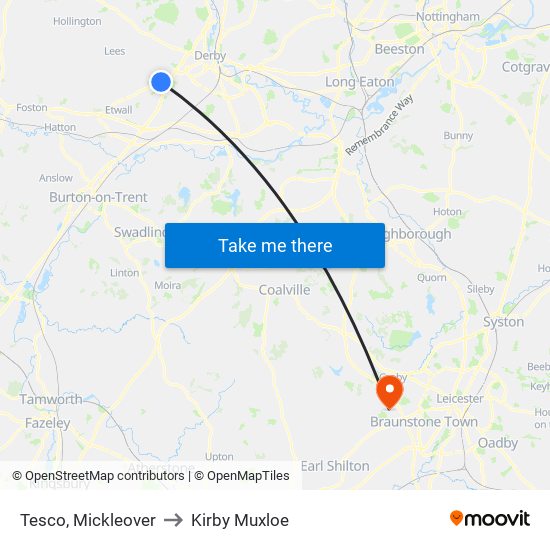 Tesco, Mickleover to Kirby Muxloe map