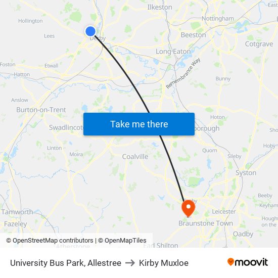 University Bus Park, Allestree to Kirby Muxloe map