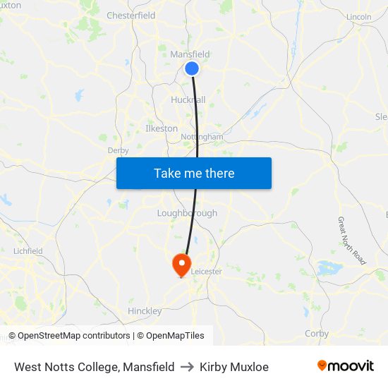 West Notts College, Mansfield to Kirby Muxloe map