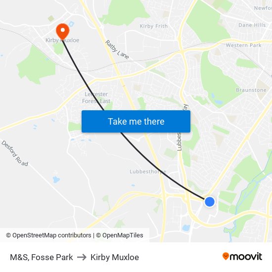 M&S, Fosse Park to Kirby Muxloe map