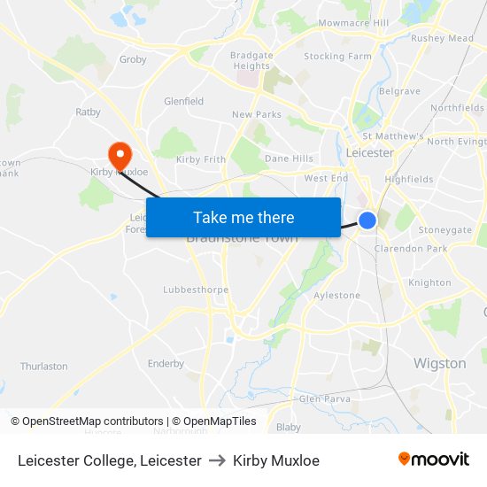 Leicester College, Leicester to Kirby Muxloe map