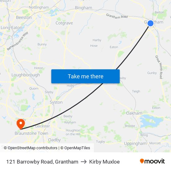 121 Barrowby Road, Grantham to Kirby Muxloe map