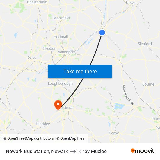 Newark Bus Station, Newark to Kirby Muxloe map