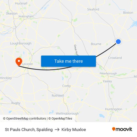 St Pauls Church, Spalding to Kirby Muxloe map