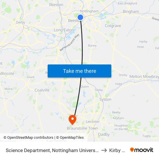 Science Department, Nottingham University Main Campus (Un31) to Kirby Muxloe map