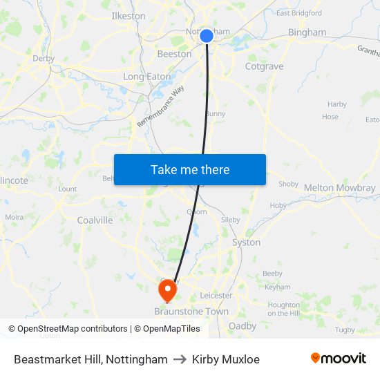 Beastmarket Hill, Nottingham to Kirby Muxloe map