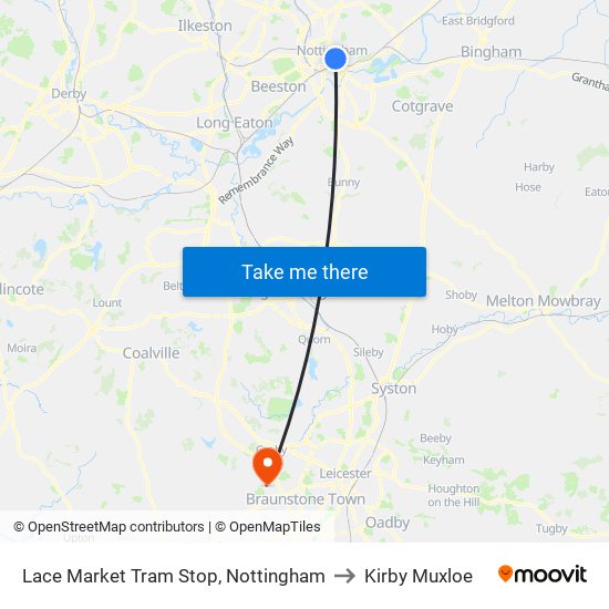 Lace Market Tram Stop, Nottingham to Kirby Muxloe map