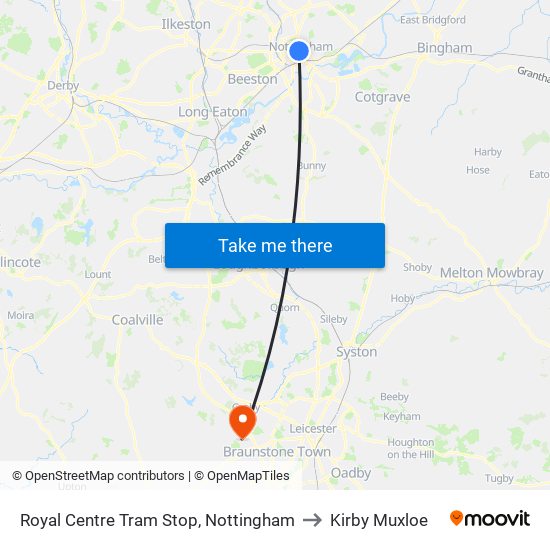 Royal Centre Tram Stop, Nottingham to Kirby Muxloe map
