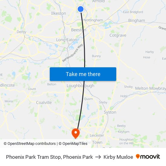Phoenix Park Tram Stop, Phoenix Park to Kirby Muxloe map