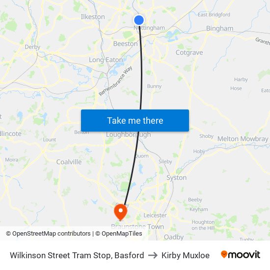 Wilkinson Street Tram Stop, Basford to Kirby Muxloe map