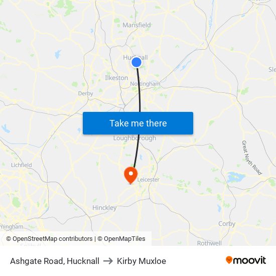 Ashgate Road, Hucknall to Kirby Muxloe map