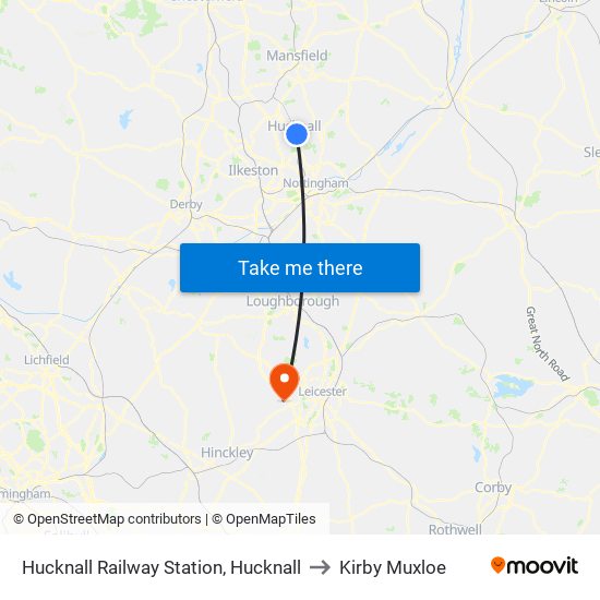 Hucknall Railway Station, Hucknall to Kirby Muxloe map