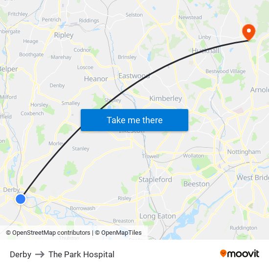 Derby to The Park Hospital map