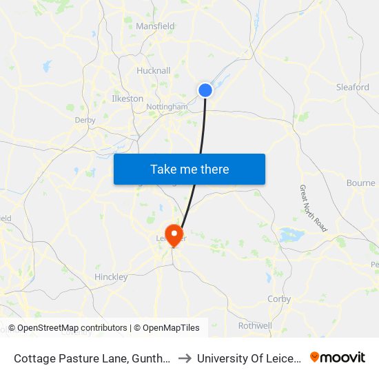 Cottage Pasture Lane, Gunthorpe to University Of Leicester map