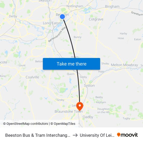 Beeston Bus & Tram Interchange, Beeston to University Of Leicester map