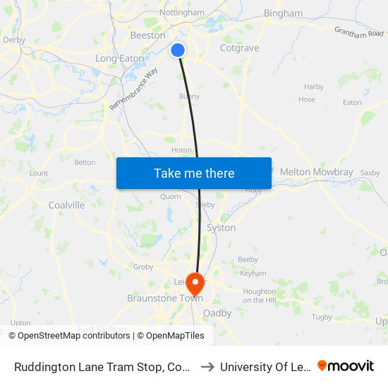 Ruddington Lane Tram Stop, Compton Acres to University Of Leicester map