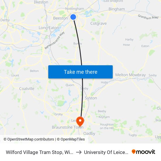 Wilford Village Tram Stop, Wilford to University Of Leicester map