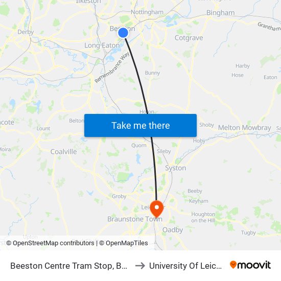 Beeston Centre Tram Stop, Beeston to University Of Leicester map