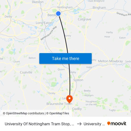 University Of Nottingham Tram Stop, Nottingham University Main Campus to University Of Leicester map