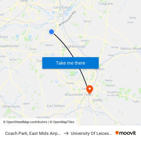 Coach Park, East Mids Airport to University Of Leicester map