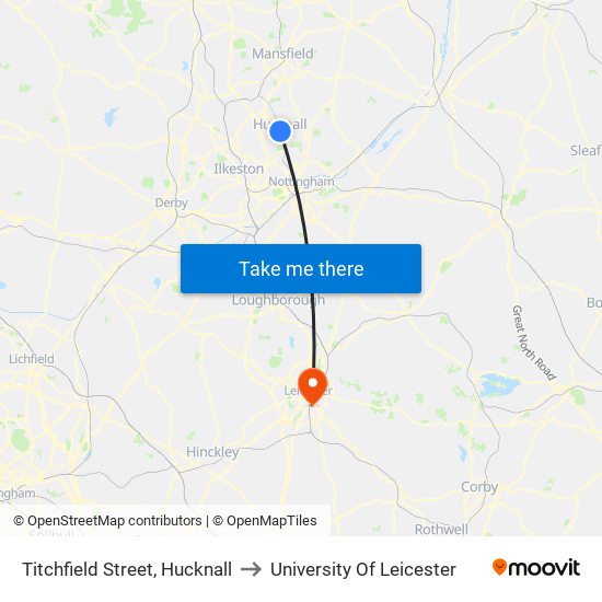 Titchfield Street, Hucknall to University Of Leicester map