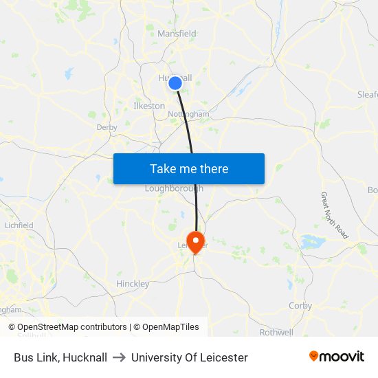 Bus Link, Hucknall to University Of Leicester map