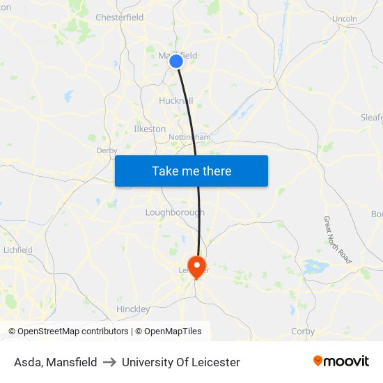 Asda, Mansfield to University Of Leicester map