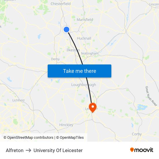 Alfreton to University Of Leicester map