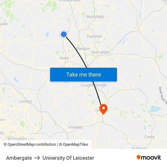 Ambergate to University Of Leicester map