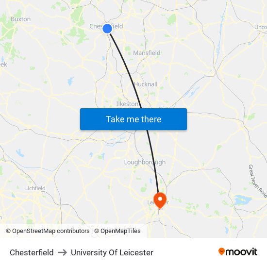 Chesterfield to University Of Leicester map