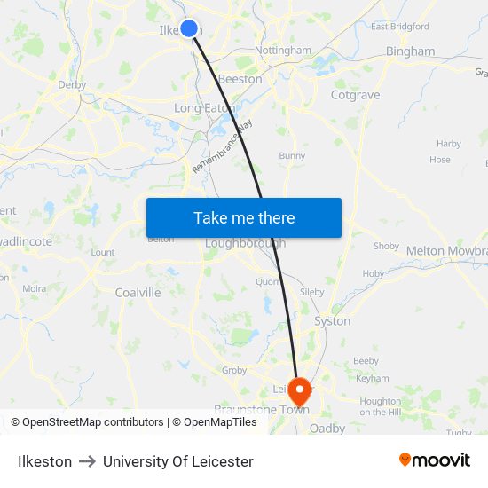 Ilkeston to University Of Leicester map