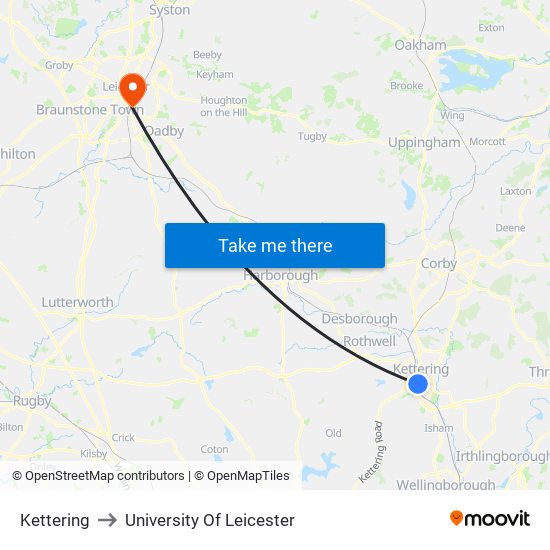 Kettering to University Of Leicester map