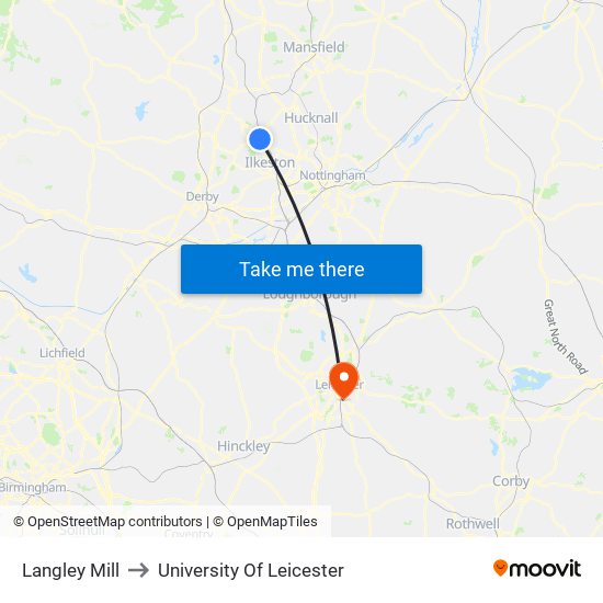 Langley Mill to University Of Leicester map