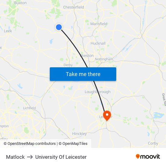 Matlock to University Of Leicester map