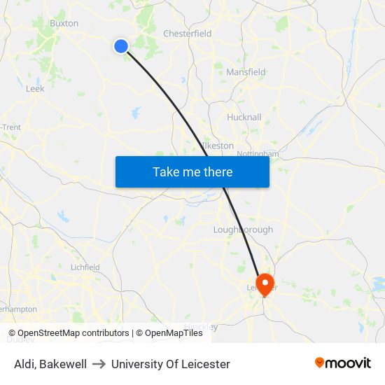 Aldi, Bakewell to University Of Leicester map
