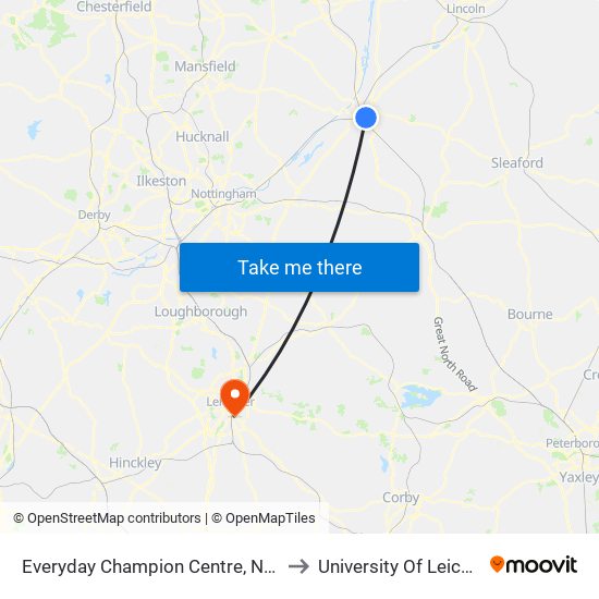 Everyday Champion Centre, Newark to University Of Leicester map