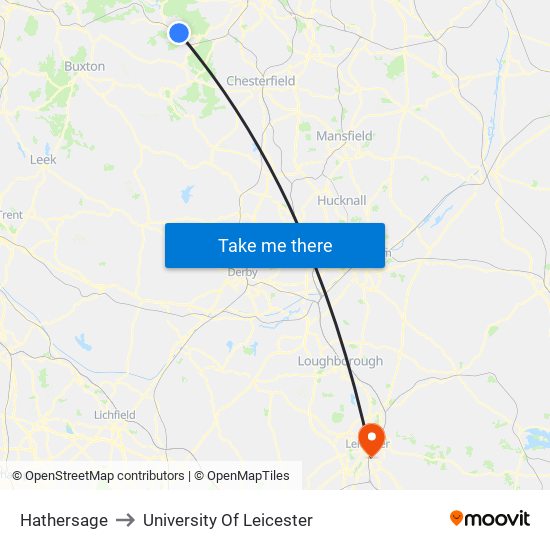 Hathersage to University Of Leicester map