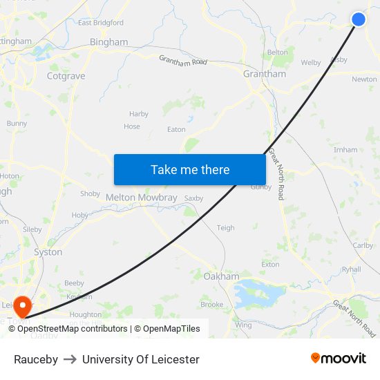 Rauceby to University Of Leicester map