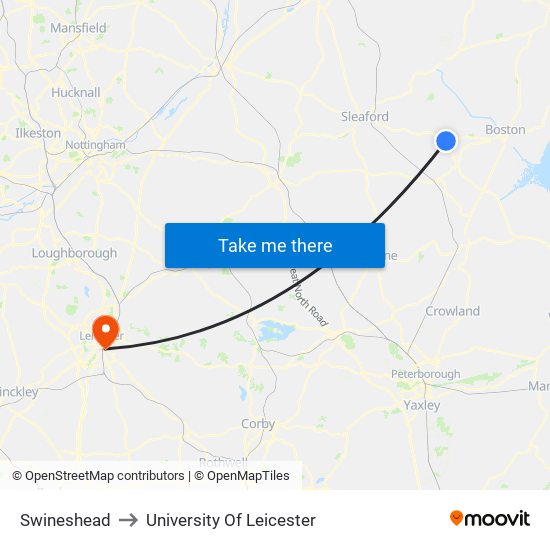 Swineshead to University Of Leicester map