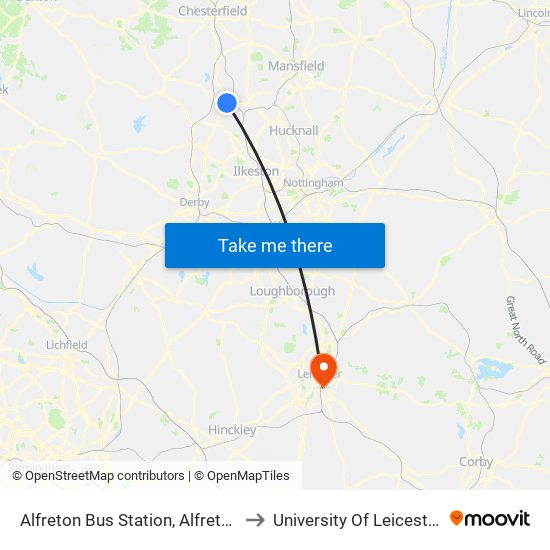 Alfreton Bus Station, Alfreton to University Of Leicester map