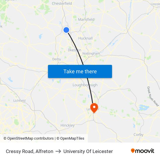 Cressy Road, Alfreton to University Of Leicester map